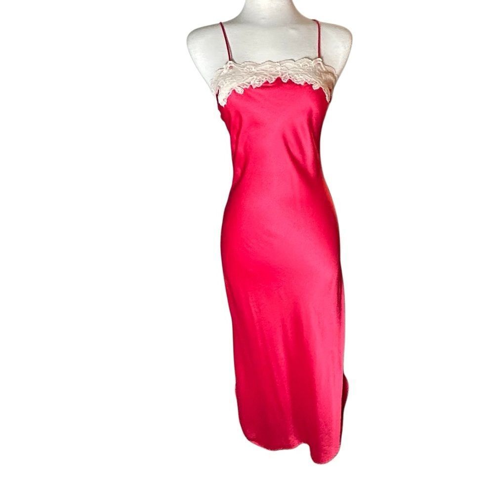 90s Satin Slip Dress Gown Lace Cami Strap Red Cream Long Split HemVintage S